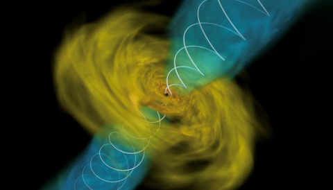 This simulation shows two dense neutron stars colliding. They have formed a black hole and a whirlpool of magnetized gas is orbiting around it. Some matter emerges in energetic jets and winds that will make heavy elements and flashes of detectible light.
