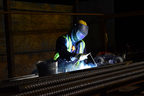 It may be dark outside, but a welder on the night shift at Hanford’s Waste Treatment and Immobilization Plant is creating sparks as he welds rebar.