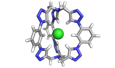 The salt-extraction molecule is composed of six triazole “motifs” (computer-generated image). The motifs are five-membered rings composed of nitrogen, carbon and hydrogen. Together, these rings form a 3-D “cage” perfectly shaped to trap chloride.