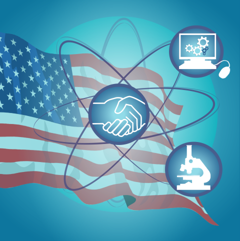 Graphic of American flag with three icons on it