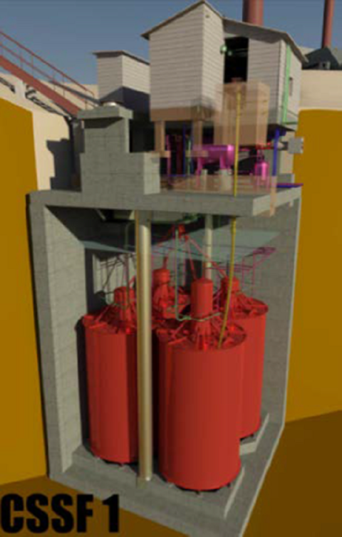 An image created using virtual reality technology shows the below-ground bin sets storing calcine inside concrete vaults at the Calcined Solids Storage Facility at the Idaho Nuclear Technology and Engineering Center.