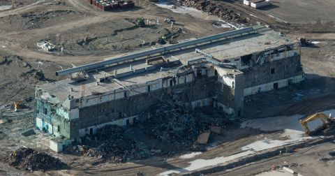 Photos of the Plutonium Finishing Plant’s main processing facility from November 2018, at top, and after the completion of lower-risk demolition last week highlight progress since demolition activities resumed in September 2018 with enhanced safety contro