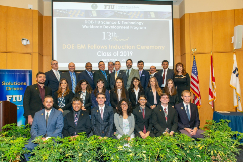 The DOE Fellows Class of 2019 gathers for a photo with participants and guests of the DOE Fellows Class of 2019 induction ceremony last week. Front row, from left, DOE Fellows Daniel Martin, Jeff Navidad, Aurelien Meray, Anilegna Nunez Abreu, Derek Gabald