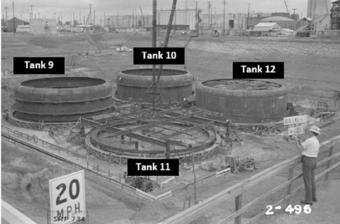 Savannah River Site waste tanks nine through 12, during construction in 1953.