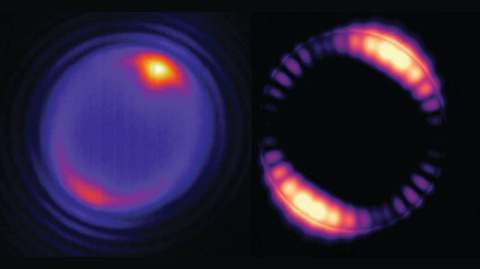 At left, a tiny bead struck by a laser produces optical modes that circulate around the interior of the bead. At right, a simulation of how the optical field inside a 5-micron (5 millionths of a meter) bead is distributed. 