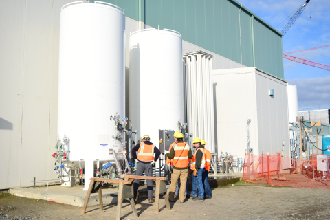Hanford Waste Treatment and Immobilization Plant (WTP) workers inspect two bulk liquid argon storage tanks that are part of the liquid gas storage system at the WTP Analytical Laboratory. The system provides gases such as argon and nitrogen to equipment i