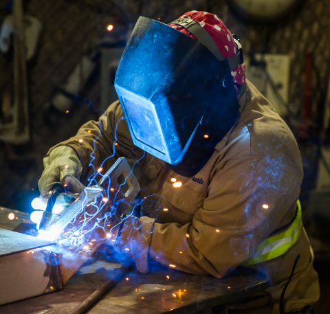 Nuclear Waste Partnership welder Ismael Duarte works in a fabrication shop 2,150 feet underground at EM’s Waste Isolation Pilot Plant. Welding will be among the many activities taking place during the facility’s maintenance outage.