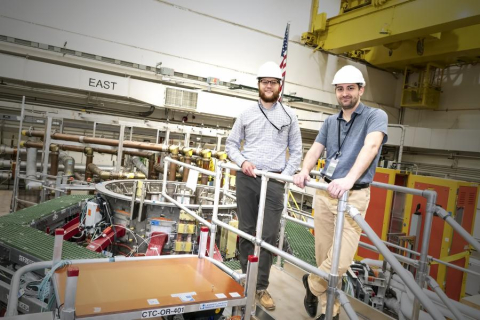 Rotational engineers Bill Harris, left, and Nick Santoro, at the National Spherical Torus Experiment-Upgrade (NSTX-U) test cell. Rotational engineers Bill Harris, left, and Nick Santoro, at the National Spherical Torus Experiment-Upgrade (NSTX-U) test cell.