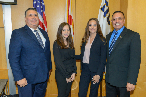 From left, DOE Office of Legacy Management (LM) Director Carmelo Melendez, LM Fellows Beatriz Perasso and Olivia Bustillo, and Leonel Lagos, the DOE Fellows Program director and principal investigator for the DOE-Florida International University cooperati