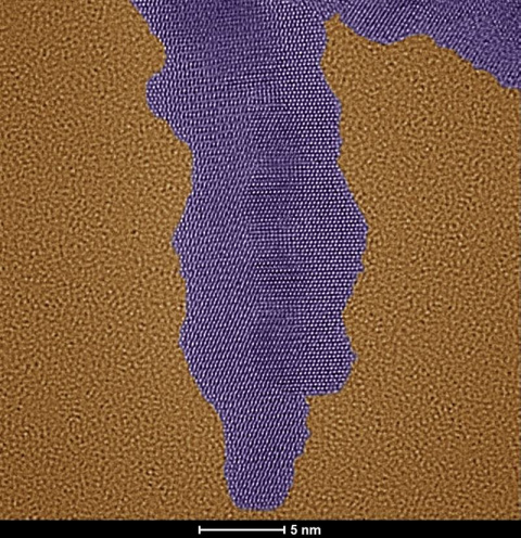 Atomic resolution image of a highly branched ruthenium nanoparticle, taken using an aberration-corrected transmission electron microscope (AC-TEM) at the Center for Integrated Nanotechnologies (CINT).