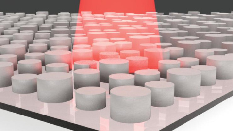 Infrared light shining on a metamaterial whose geometric parameters were selected with machine learning. The designed metamaterials effectively absorb low energy light, providing a route to new devices that turn heat into electricity. 