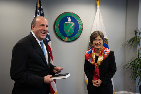 Under Secretary for Science Paul Dabbar and AITO Director Cheryl Ingstad share a light moment after her Swearing In Ceremony