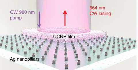 A schematic of the upconverting nanoparticle (UCNP) coating on top of Ag nanopillar arrays.
