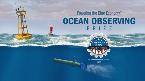 Illustrated logo of ocean waves and a buoy. 