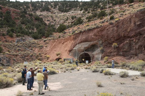 Visiting scientists observe the E-Tunnel South Portal at the Rainier Mesa/Shoshone Mountain groundwater characterization area during an October 2017 field trip to the Nevada National Security Site.