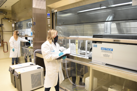 Chemists Kay Keltner, left, and Jaime Edwards are part of a team at Hanford’s Waste Treatment and Immobilization Plant that is integrating scientific instruments inside the plant’s Analytical Laboratory. The laboratory is the first nuclear facility in the