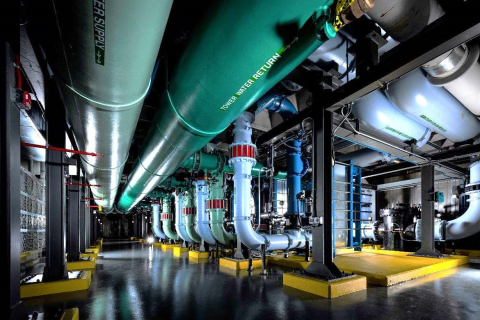 Installed tower piping, process piping, heat exchangers, and basket strainers for the Exascale Class Computer Cooling Equipment Project at Los Alamos National Laboratory.
