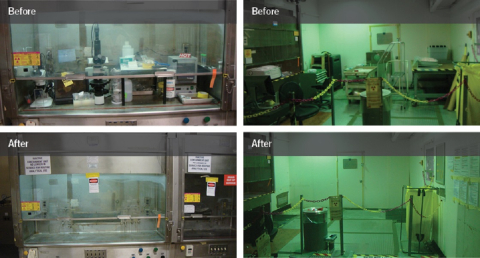 Before-and-after photos of cleanup of two areas in the F Area Analytical Laboratory facilities at the Savannah River Site.