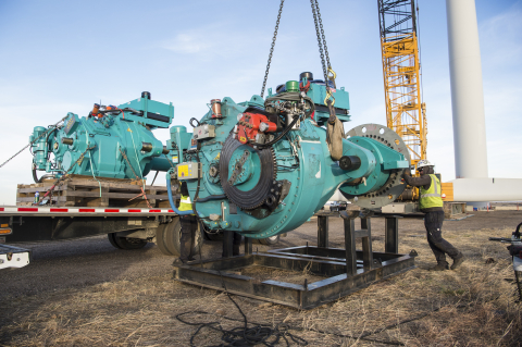 NREL researchers replacing an existing gearbox with a fully instrumented Winergy gearbox and SKF main bearing in the DOE-owned GE 1.5-megawatt wind turbine at NREL’s Flatirons Campus. 