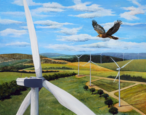 Illustration of a golden eagle flying amid wind turbines.