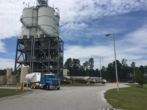 Recent facility upgrades make it possible for three trucks to simultaneously unload cold feed materials at the Saltstone Production Facility at the Savannah River Site.