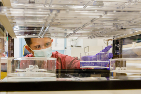 Sandia National Laboratories principal investigator Michael Omana inserts a solution into a small chamber used to increase humidity on material samples. 