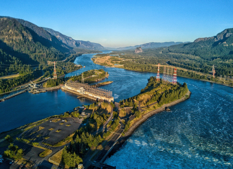 Hydropower plant surrounded by water.