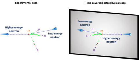 Snapshot of a nuclear reaction showing a high-energy neutron causing a carbon-12 atom to break apart into three alpha-particles, leaving a low-energy neutron (left). This is the reverse of how the process would occur in nature (right).