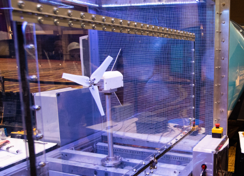Model wind turbine in a wind tunnel to be tested at the Collegiate Wind Competition. 