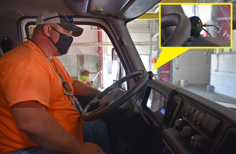 Blind spot technology being installed on UCOR vehicles features a display that alerts drivers when a person or object is nearby. Pictured is UCOR employee Nate Smith.