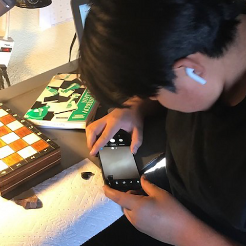  student studies a rock using a smartphone microscope.