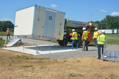 The first new air monitoring station is delivered to its installation location on Hewes Road at the Portsmouth Site.