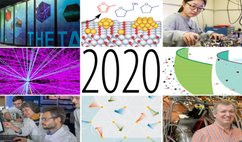 Collage of images, from top left – Theta supercomputer, yellow clumps of balls with red balls over white balls in a matrix, a woman conducting an experiment, 2020, balls with lines coming out of them, blue lines shooting out over a purple line background.