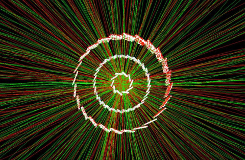 A collision recorded by the Relativistic Heavy Ion Collider. The white points show “hits” from particles emerging from the collision. Scientists use the hits to reconstruct charged particle tracks (red and green lines) and measure particles’ abundance.