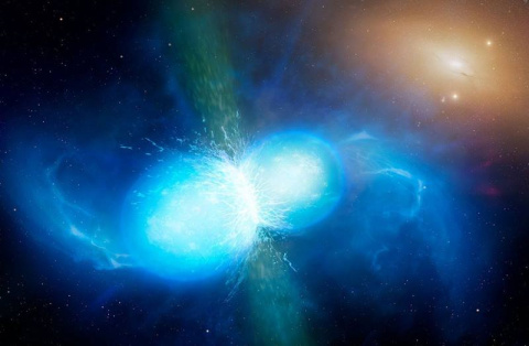 An artist’s impression of the collision of two neutron stars. This collision causes gravitational waves, a gamma-ray burst, and a massive explosion. Scientists believe the explosions are the universe’s main source of heavier elements such as gold.