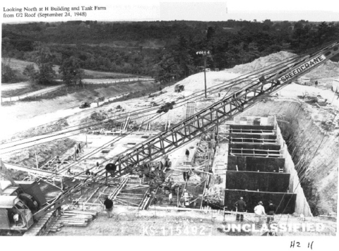 This 1948 photo shows construction of tank vaults at the former Separations Process Research Unit.