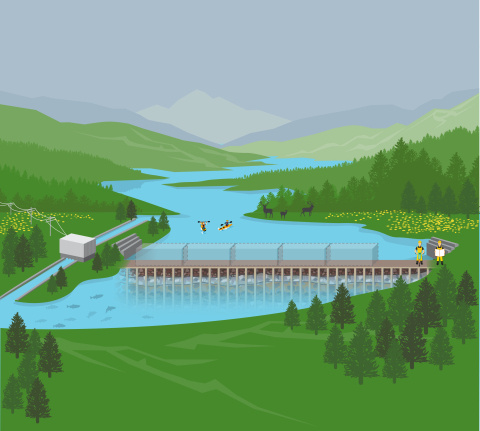 Graphic representation of a hydropower dam and river in the mountains. 
