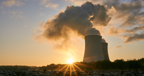 Nuclear power plant at sunset.