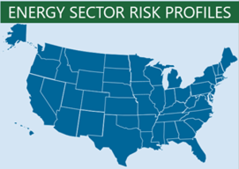 A map of the US with the text about that says Energy Sector Risk Profiles
