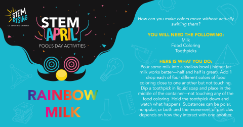 Make rainbow milk for an April Fool's Day STEM activity.
