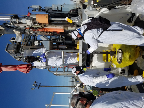 A crew with Office of River Protection tank farms operations contractor Washington River Protection Solutions sets up a work platform to take a core sample from double-shell Tank AN-101. Core samples provide engineers with valuable data in their efforts to combat corrosion and maintain the structural integrity of Hanford’s double-shell waste storage tanks.