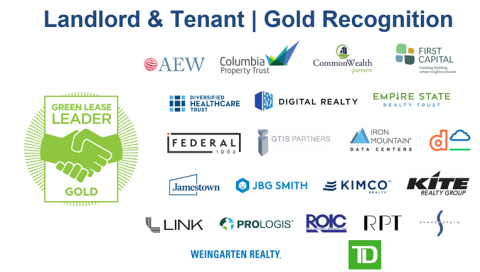 Landlord Tenant Gold Recognition title with 22 logos of winners of the Gold Green Lease Leaders title