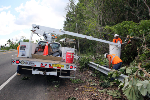 An electric utility crew works on a line in Utuado, Puerto Rico more than three months after Hurricane Maria cut it. Photo: iStock