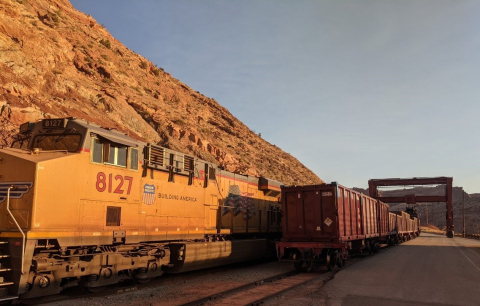 EM’s Moab Uranium Mill Tailings Remedial Action Project has acquired a 39th railcar for the project train at the Moab Site, pictured here on the right, enabling the shipment of more tailings each week to a disposal facility at Crescent Junction, Utah.