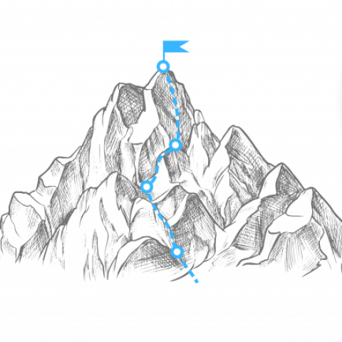 Mountain logo with a blue pathway leading up the face