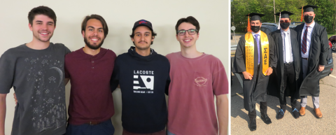 Left photo: Students from the University of Texas at Austin who participated in the SBD Challenge. From left, Michael Butero, Matthew Frangos, Daniel Gutierrez, and John (Jack) Whelan. They developed a neutron detector system. Right photo: The University of Rhode Island team – from left, Jay Macchia, Sean Babin, and Peter Tillinghast – designed a collimator for the school’s Neutron Radiography Facility.