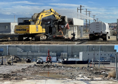 During and after demolition: Crews with EM contractor Central Plateau Cleanup Company safely removed a former Plutonium-Uranium Extraction Plant guard house. The work is part of ongoing risk-reduction efforts on Hanford’s Central Plateau. At top is a view of demolition underway, and immediately above shows the teardown completed. 