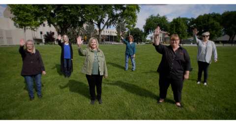 The Hanford Site created a video to accept its 2021 Electronic Product Environmental Assessment Tool Purchaser Award, offering a virtual high five to represent five consecutive years of award wins. Pictured from left are Hanford federal and contractor employees Karie Madson, Tammy Maruska, Sara Austin, Chris Shannon, Sue Kon, and Jackie Texley, who all appear in the video.