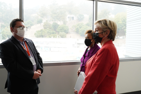 Energy Secretary Jennifer Granholm, far right, meets with U.S. Rep. Barbara Lee of California and DOE Joint Genome Institute Director Nigel Mouncey during an Aug. 20 visit to the Lawrence Berkeley National Laboratory. 