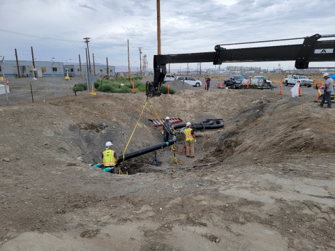 Crews with EM tank operations contractor Washington River Protection Solutions and subcontractor Apollo, Inc. fit the final sections of double-walled pipe in place, connecting the Hanford Site tank farms to the Waste Treatment and Immobilization Plant.